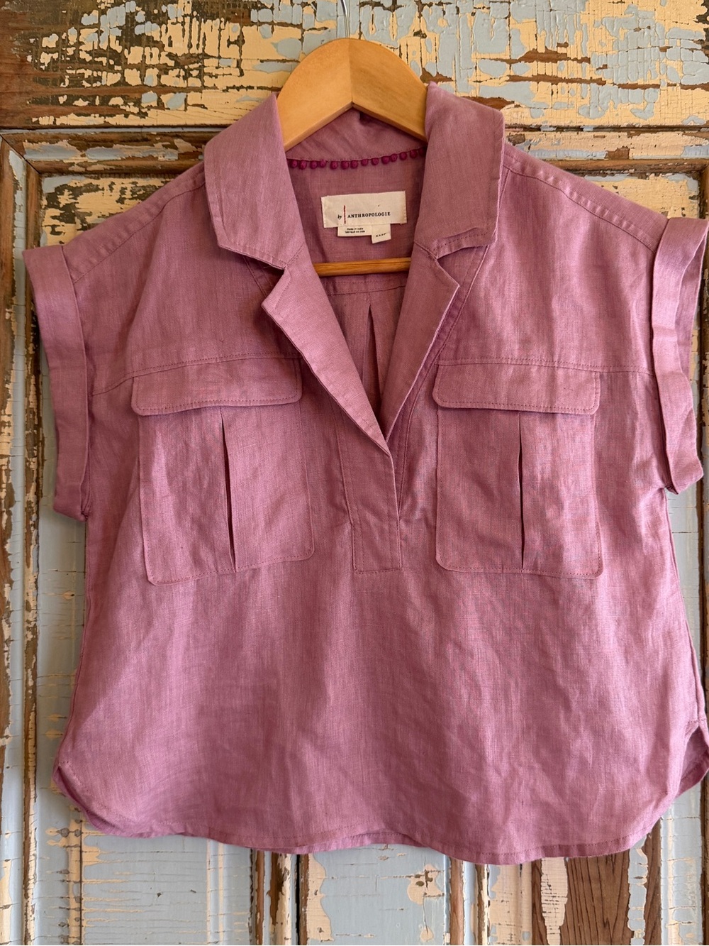 Anthropologie Mauve Linen Short-Sleeve Button-Style Top